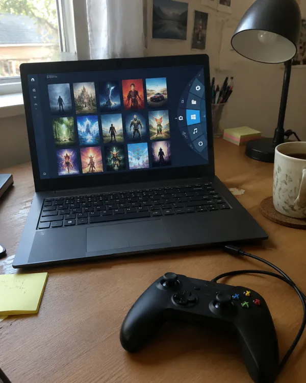 The Vault game library on a customer's laptop with a controller plugged in