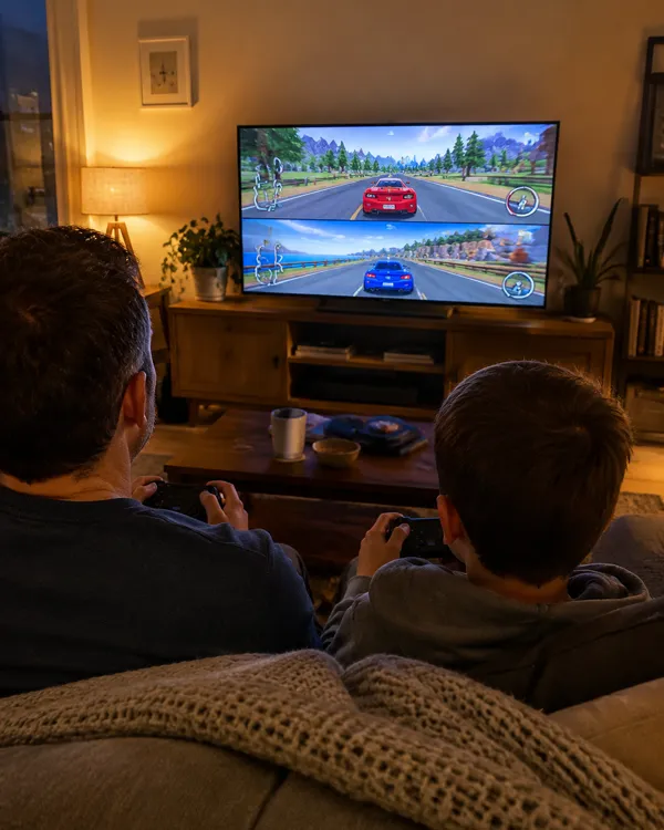 A dad and his son playing split-screen on the couch