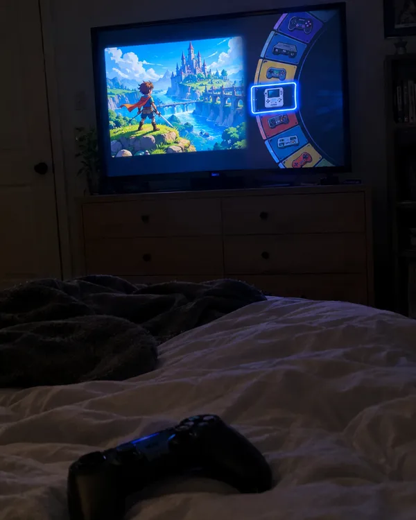 The Vault menu on a bedroom TV at night